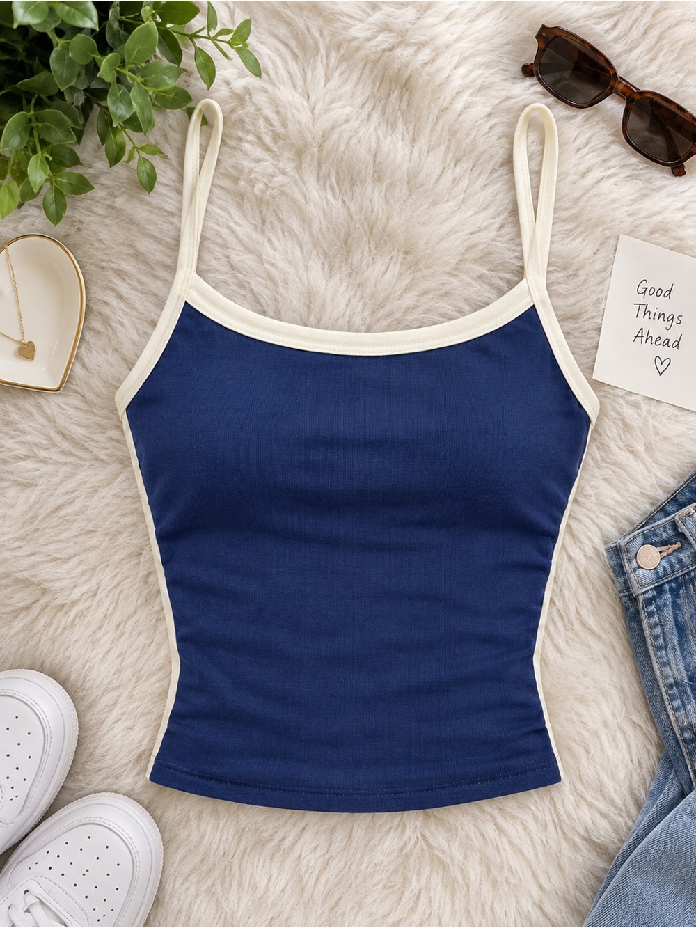 Navy Contrast-Trim Cami Tank Top - Classic Women's Top